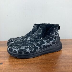 Hey Dude Denny Marble Grey Ankle Boots Leopard Print Faux Fur Lined Women’s 8.